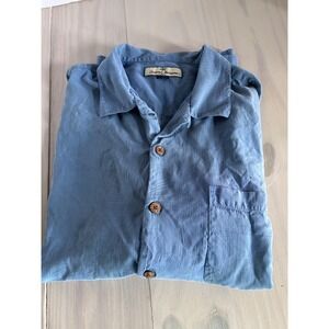 Tommy Bahama Relax Mens Large Blue 100% Silk Jacquard Palm Leaf Camp Shirt